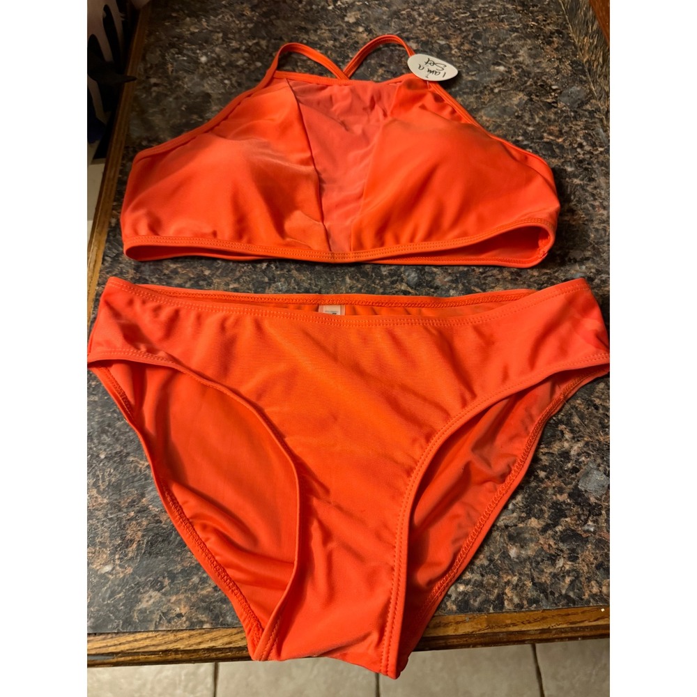Bobbie Brooks Orange Bikini Set High Neck Mesh Plunge Halter‎ Swimsuit Womens L